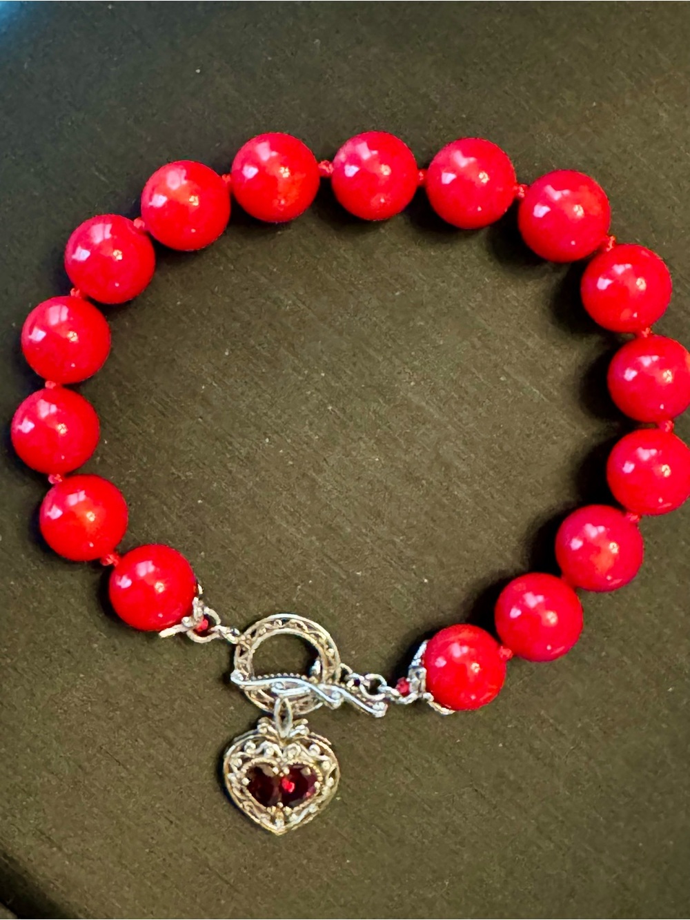 Gems En Vogue Red Coral Bead Bracelet With Garnet Gem Heart Charm